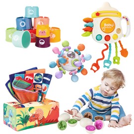 KADAYAYA Baby Toys for 6 12 18 Months, 5 in 1 Montessori Sensory Toys for infant, Dinosaur Matching Eggs, Teething Toys, Stacking Cups, Tissue Box Toy, Pull String Toy Gift for Toddlers