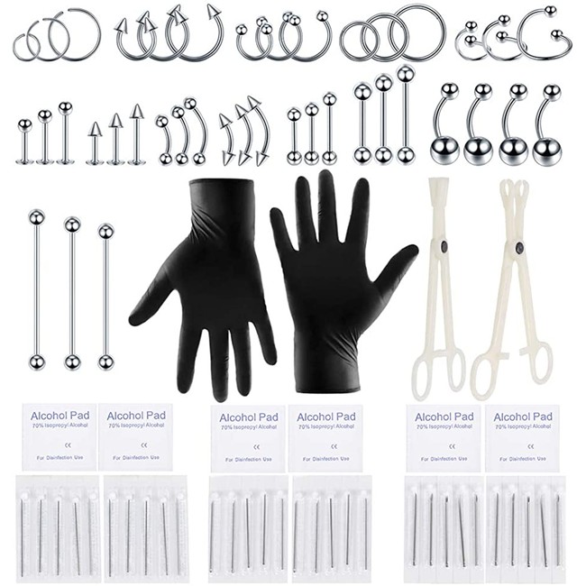 aumeo 80PCS Stainless Steel Piercing Jewelry Kit Piercing Needles Piercing Clamps Nose Ring Lip Tongue Tragus Cartilage Helix Daith Eyebrow Nipple Belly Ring Body Jewelry Piercing Tools 14G 16G 20G