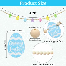 4.2 FT Easter Day Wooden Beads Garland with Colorful Egg-Shaped Charms, Spring-Themed Beaded Tiered Tray Decor, Rustic Farmhouse Banner for Easter Celebration, Shelf Display, Fireplace, Wall Decor