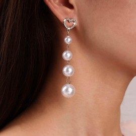 Atentuyi Boho Pearl Earrings Gold Vintage Pearl Earrings Long Tassel Pearl Earrings Pearl Necklace Earrings CZ Heart Earrings Jewellery for Women and Girls, Alloy Steel