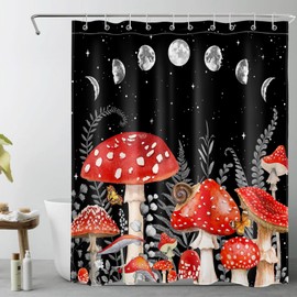 WEENEO Boho Mushroom Shower Curtain Grey Botanical with Moon Phase Rustic Farmhouse Shower Curtain Set for Bathroom Abstract Vintage Red and Black Fabric Bath Curtain with 10pcs Hooks,60x72 Inch