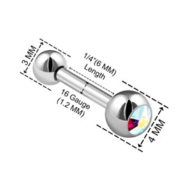 KJM FASHION 2 x Surgical Steel 16 Gauge 6mm 4mm Crystal Ball Stud Earring Eyebrow Jewellery, Crystal, stainless steel, steel