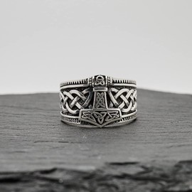 Treasure Bay 925 Silver Thors Hammer Mjolnir Viking Ring for Men Silver Norse Scandinavian Viking Punk Ring for Men (W)