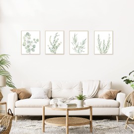 Maxee Botanical Wall Art Boho Sage Green Wall Decor for Bathroom Small Canvas Wall Art for Bedroom Eucalyptus Leaf Pictures for Bedroom Wall Decor (Set of 4, 8”x 10”,Unframed)