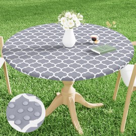 Smiry Round Picnic Tablecloth, Waterproof Elastic Fitted Table Covers for 42" - 50" Tables, Wipeable Flannel Backed Vinyl Tablecloths for Camping, Indoor, Outdoor, Grey & White