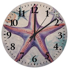 Minimalist Wood Clock Non-Ticking Quartz Battery Nautical Beach Ocean Theme Underwater Starfish Blue Seascape Coastal Wood Clocks Vintage Wooden Wall Decor for Entryway Home Church 10"