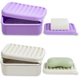 2PC Portable Leakproof Travel Soap Case, Silicone Travel Soap Case, Compact Soap Holder with Drainage Layer, Travel Soap Holder for Camping, Gym, Outdoor (Light-Purple&Rice-White)