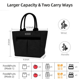 Lunch Bag for Women, Insulated Thermal Lunch Bag, Lunch Box with Front Pocket for Office, Work, Picnic, Shopping, etc., Black+, 13.5 x 6 x 9.5