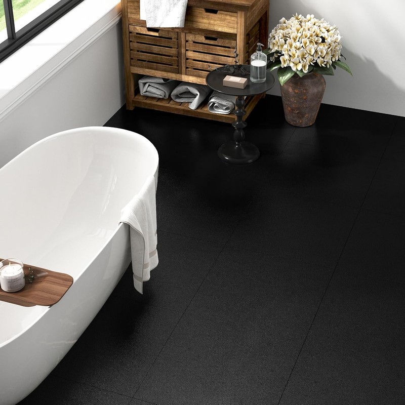 Black Peel and Stick Floor Tile Matte Vinyl Flooring Waterproof