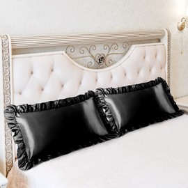 PiccoCasa Set of 2 Cushion Covers, Satin Cushion Covers with Romantic Ruffles, Plain Smooth Shiny Cushion Cover with Envelope Closure, Black, 40 x 80 cm