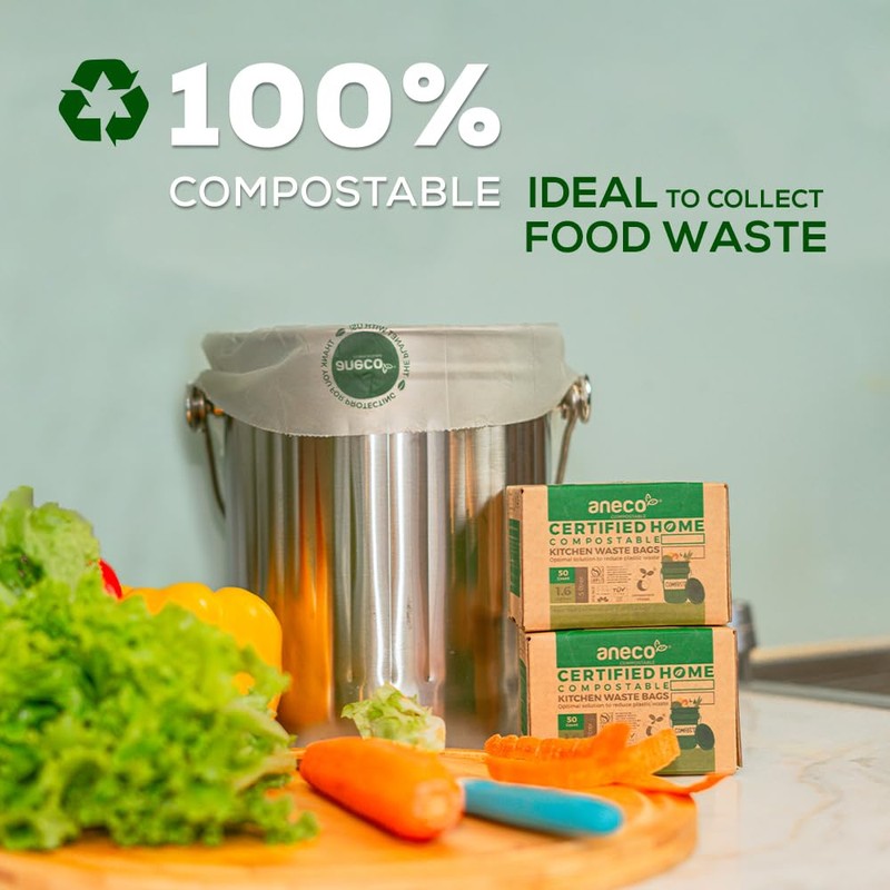 ANECO 100% Home Compostable Food Waste Bags (1.6 Gallon Trash