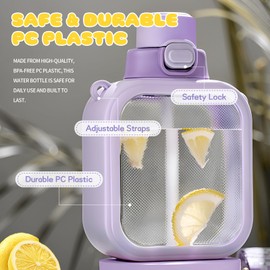 CLWVPCOT Cute Water Bottle, 24oz Kawaii Square Water Bottle with Straw & Adjustable Strap, Leak-Proof, Portable, Light Weight, Safe PC Plastic Drinking Cup for Girls (Pink)