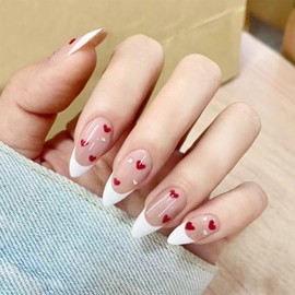 24pcs Medium Almond False Nails French Tip Stick on Nails White Edge Red Heart Press on Nails Removable Glue on Nails Full Cover Fake Nails Set Valentines Day Women Bridal Nail Art Accessories