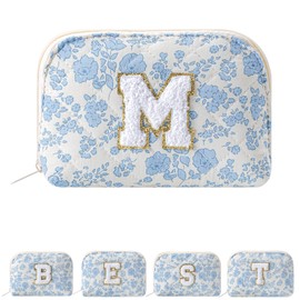 JOVAKIT Conch Alphabet Makeup Bag Cosmetic Bag for Women, Christmas Gifts for Women Girls, Blue Floral Coquette Travel Bag, Zipper Make Up Pouch Organizer Trendy Stuff (Blue Floral M)