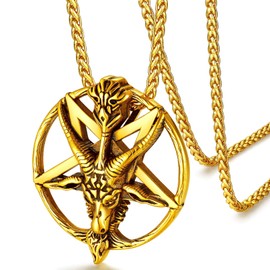 FaithHeart Satanic Necklace for Women Gold Plated Baphomet Pentagram Satan Goat Pendant Devil Jewellery Talisman Accessories
