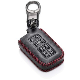 Vitodeco Genuine Leather Keyless Entry Remote Control Smart Key Case Cover Compatible with Toyota Corolla, Camry, Avalon, Rav 4, Highlander (4 Buttons, Black/Red)