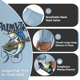 Palmyth Mens Fishing Shirts UV Sun Protection Vented Hoodie Long Sleeve with UPF 50+ Neck Gaiter Light Blue Marlin Guitar X-Large