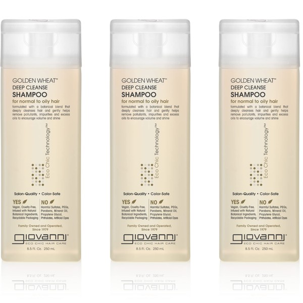 GIOVANNI ECO CHIC Golden Wheat Deep Cleanse Shampoo - Oily hair, Deep Cleansing With Botanical Oils, Helps Encourages Volume & Shine, Color Safe, Spearmint Oil + Aloe Vera - 8.5 oz (3 Pack)