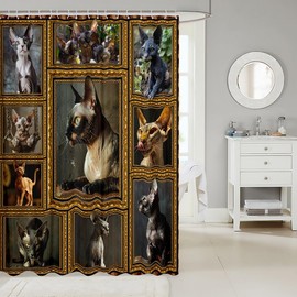 Feelyou Sphynx Cat Shower Curtain for Kids Boys Girls Cute Cat Bathroom Shower Curtain Set 72"x78" Kawaii Kitten Bath Curtain Gift for Canadian Hairless Lover Kids Bathroom Accessories
