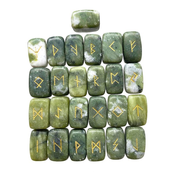 Hslutiee Natural Healing Crystal Rune Stone Set with Engraved Elder Futhark Alphabet Wicca Divination Feng Shui Chakra Balancing Reiki 25Pcs, Green Jade