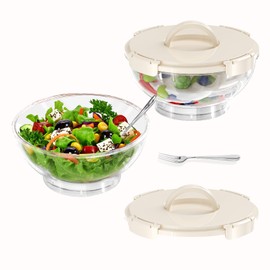 MANO 2pack Large Iced Salad Bowl with Lid and Utensils to Go Ice Chilled Food Serving Containers with Handles for Fruit Veggie Storage for Fridge Refrigerator Party Camping, Picnic, Beige