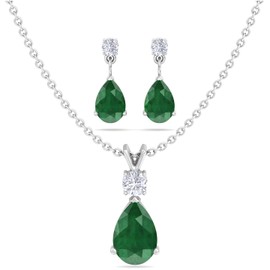 Sterling Silver Jewelry Set for Women Pear shaped 7x5mm Emerald and 3mm Natural White Topaz Pendant Necklace and Matching Pear Shaped Emerald & White Topaz Stud Earrings