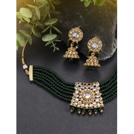 Aheli Trendy Gold Plated Green Kundan Pearl Gargantilla Collar con Jhumki Earring Jewelry Set