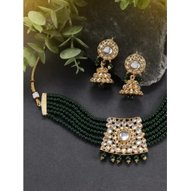 Aheli Trendy Gold Plated Green Kundan Pearl Gargantilla Collar con Jhumki Earring Jewelry Set