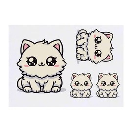 4 x 'Kawaii Cat' Temporary Tattoos - Water Resistant, Skin-Safe, Non-Toxic Transfers, Mixed Sizes (TO00070700)