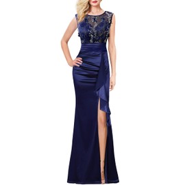 VFSHOW Womens Blue Floral Embroidered Formal Ruched Ruffles High Split Evening Gown Prom Wedding Party Maxi Long Dress 3708 BLU XS