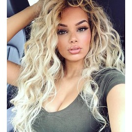 Fencca Long Curly Wavy Wig Ombre Platinum Blonde Wigs for Women Loose Wave Hair Glueless Heat Resistant Synthetic Wigs for Daily Party Use