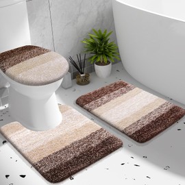 OLANLY Bathroom Rugs Sets 3 Piece, Soft Microfiber Absorbent Bath Mat, U-Shaped Contour Toilet Mat and Toilet Lid Cover, Quick Dry, Machine Washable, Toilet Cover and Rug Set for Bathroom, Brown