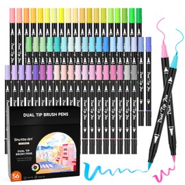 Shuttle Art Pastel Brush Pens, 56 Pastel Colouring Pens, Dual Tip Brush Markers with Fineliner Tip, Drawing Felt Tip Pens for Adults Colouring Books, Painting Sketching Calligraphy and Journaling
