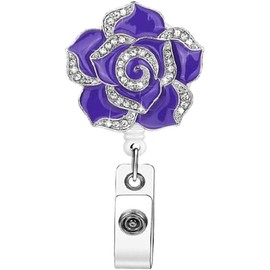 Purple Rose Flower Diamond Badge Reel Retractable Glitter ID Badge Holder with Alligator Clip ID Name Badge Clip Reel for Office Nurse Student, Identification Badges and Supplies, Badge Holders