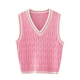 RefindWin Women's Casual V Neck Cable Knit Sweater Vest Solid Sleeveless Tank Tops Women Vest 2024 Pink M