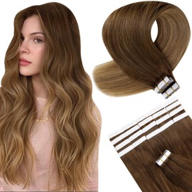 Hetto Tape in Hair Extensions Human Hair Balayage Brown Tape in Human Hair Extensions Balayage Brown to Light Brown with Dark Blonde Tape Hair Extensions Real Human Hair 14inch 50g 20pcs #6/8/14