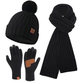 Bequemer Laden Womens Winter Warm Beanie Hat Long Neck Scarf Touchscreen Gloves Set Knit Skull Caps Pompom with Fleece Lined Gifts for Women