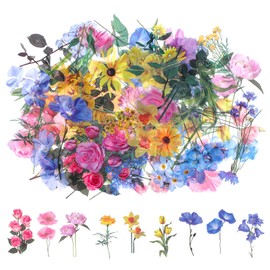 Nogeqi 120pcs Transparent Plant Sticker,PET Floral Stickers,Vintage Journaling Flower Decals,Vintage Clear Pressed Flower Stickers,Stickers Flowers for Adults,Decorating Cards(Yellow Pink Blue)