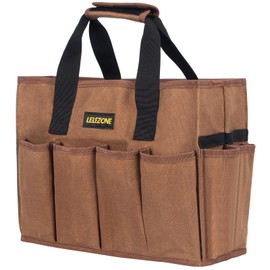 Tool Bag 16 oz. Waxed Canvas Tool Bag Large Capacity Tool Storage Tote comes with a Main Compartment and 12 Exterior Pockets for Wrenches, Scissors, Hammers or a set of Garden Tools and More - Khaki