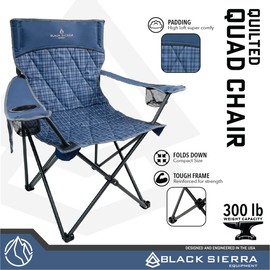 Black Sierra Oversized Camping Folding Chair, Heavy Duty Outdoor Seat Supports 300 lbs with Steel Frame, Collapsible Quilted Padded Plaid Camp Bag Chair for Tailgating, Sports Games Patio