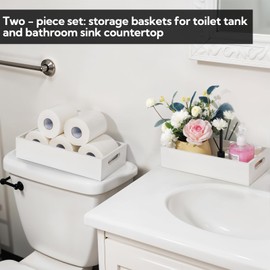 2-Pack Bathroom Wooden Storage Basket - Over-The-Toilet Organizer with Handle | Holds 6 Toilet Rolls & Bath Essentials, Rustic Farmhouse Decor (White)