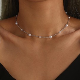 Yheakne Vintage Pearl Choker Necklace Chain Gold Pearl Necklace Station Pearl Chain Necklace Pearl Bead Collar Necklace Jewelry for Women (Silver)