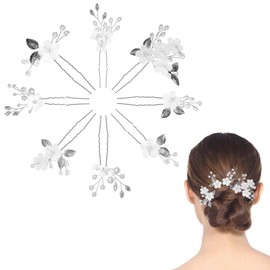 8Pcs Silver Bridal Wedding Hair Pins, White Flower Leaf Hair Piece Pearl Rhinestone Hair Clips, Hair Accessories for Women Brides Bridesmaid