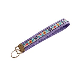 BattleTim Key Fob Keychain Wristlet Floral Embroidered Car Key Chain Holder Handmade Fabric Key Fobs Wristband for Women (Violet)