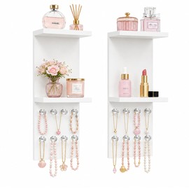 2 Tier White Floating Vanity Wall Shelf with 8 Crystal Hooks, 2 Tier Lack Shelf Bathroom Wall Organizer for Perfume, Skincare, Makeup, Jewelry, Decorative Display Shelf for Bedroom, Entryway