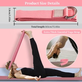Extra Thick Essential Yoga Strap, Yoga Belt for Stretching Yoga Exercise, Adjustable Yoga Bands Straps with Safe D Ring Buckle, Stretch Band for Pilates Workouts Yoga Fitness Improves Sitting (Pink)