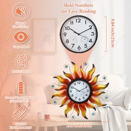 HOBYLUBY Large Outdoor Clock, Sun Outdoor Wall Clock with Thermometer & Humidity, Silent Non-Ticking Outside Clock for Patio, Living Room, Kitchen(Orange)
