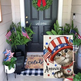 CROWNED BEAUTY 4th of July Patriotic Cat Garden Flag 12x18 Inch Double Sided ...