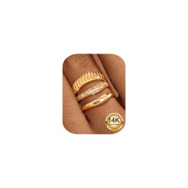 MILACOLATO 3Pcs 14K Gold Rings for Women Wavy Chunky Stacking Ring Set with Sparkling Cubic Zirconia Hypoallergenic Non Tarnish Statement Rings P 1/2