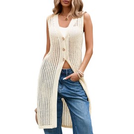 Cakulo Womens Sleeveless Crochet Cardigans Beach Cover Up 2025 Summer Long Knit Sweater Vest Tops Apricot XL